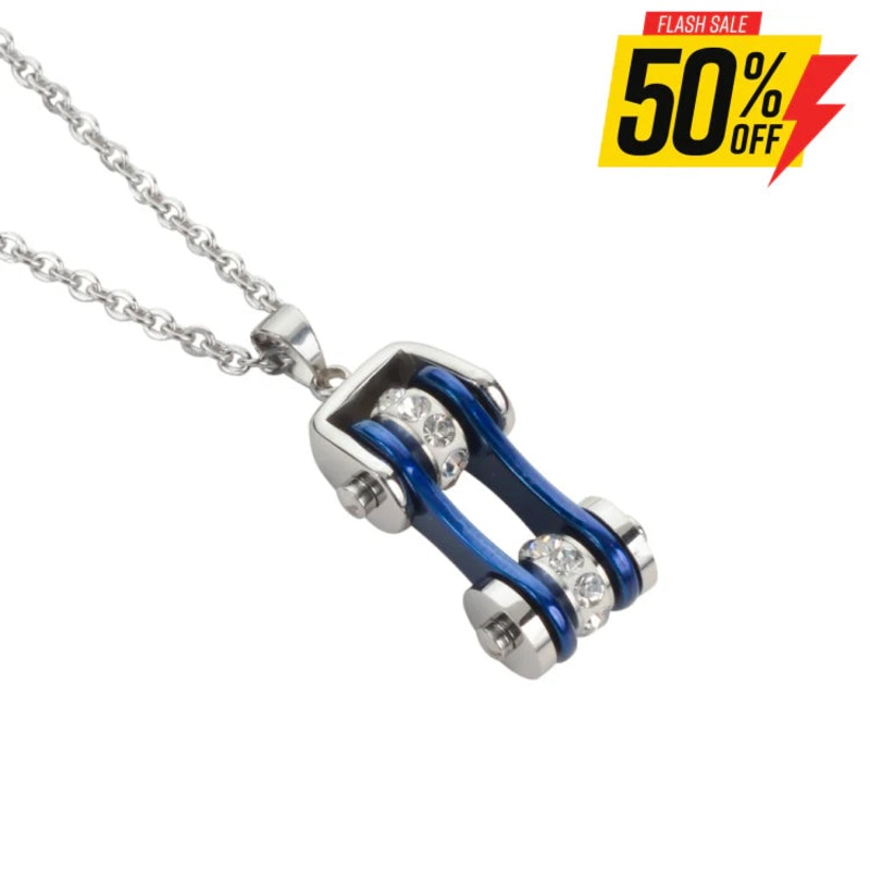 Ladies Bike Chain Crystal Bling Necklace 19″ Blue