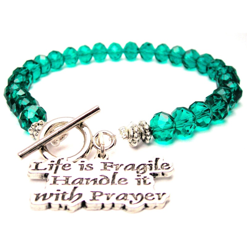 Life Is Fragile Handle It With Prayer Crystal Beaded Toggle Style Bracelet Aqua Blue