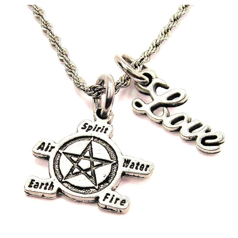 Nature’s Elements Pentacle 20″ Chain Necklace With Cursive Love Accent