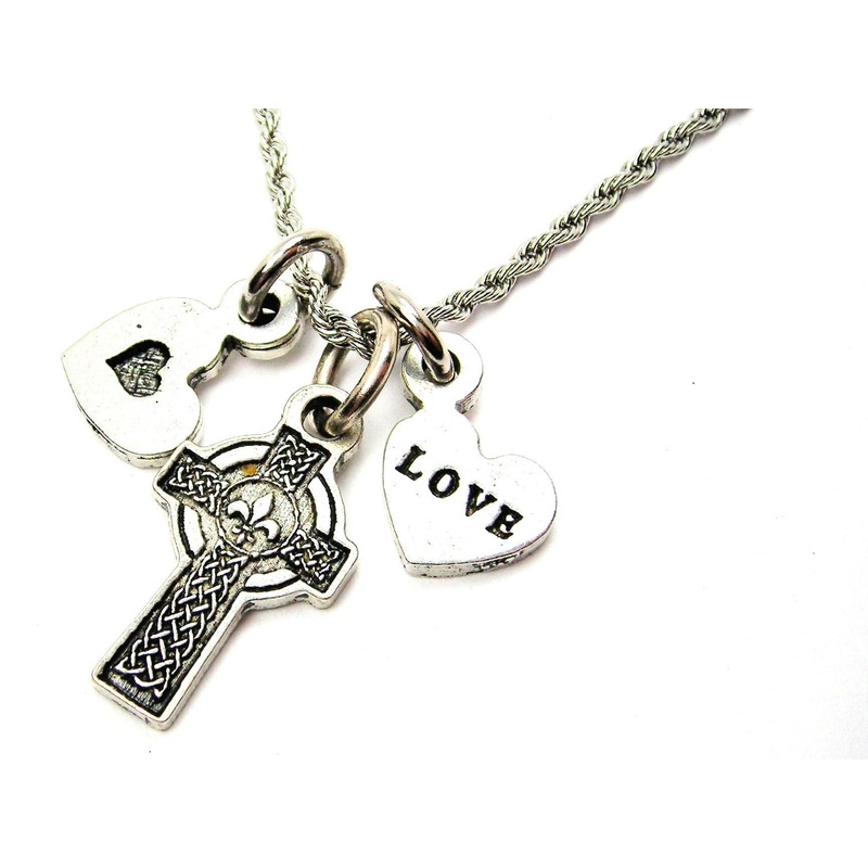 Celtic Cross With Fleur De Lis Center Stainless Steel Rope Chain Necklace