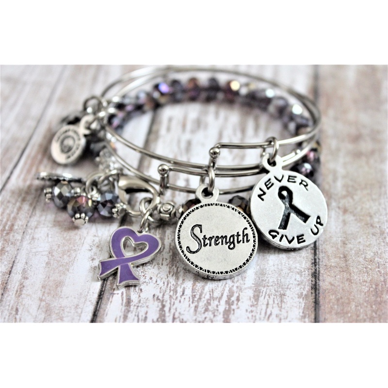 3 Bracelet Set Fibromyalgia Awareness Ribbon Never Give Up And Strength Expandable Bangle Bracelet Splash Of Color Set