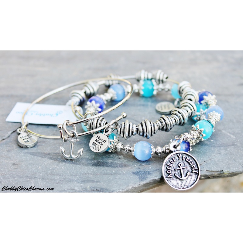 3 Piece Set Anchor Yourself Cats Eye Glass And Pewter Aqua Blue