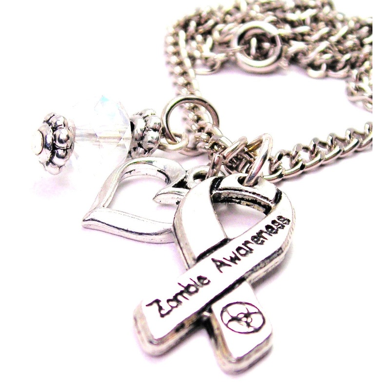 Zombie Awareness Ribbon Necklace with Small Heart Aqua Blue