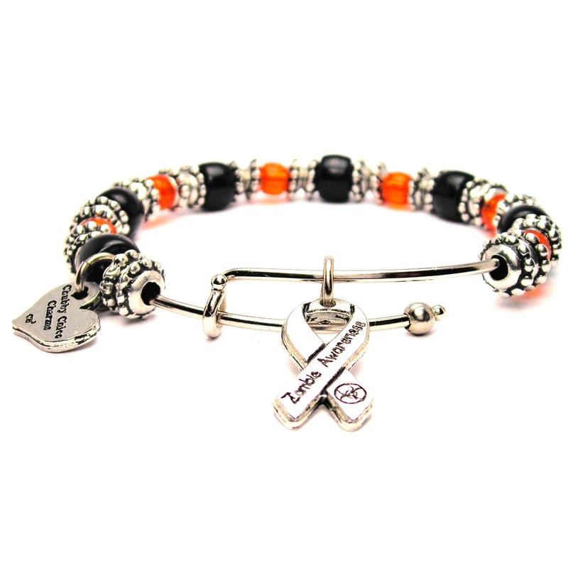 Zombie Awareness Ribbon Black And Pumpkin Orange Halloween 9mm Glass Beaded Single Bracelet As shown