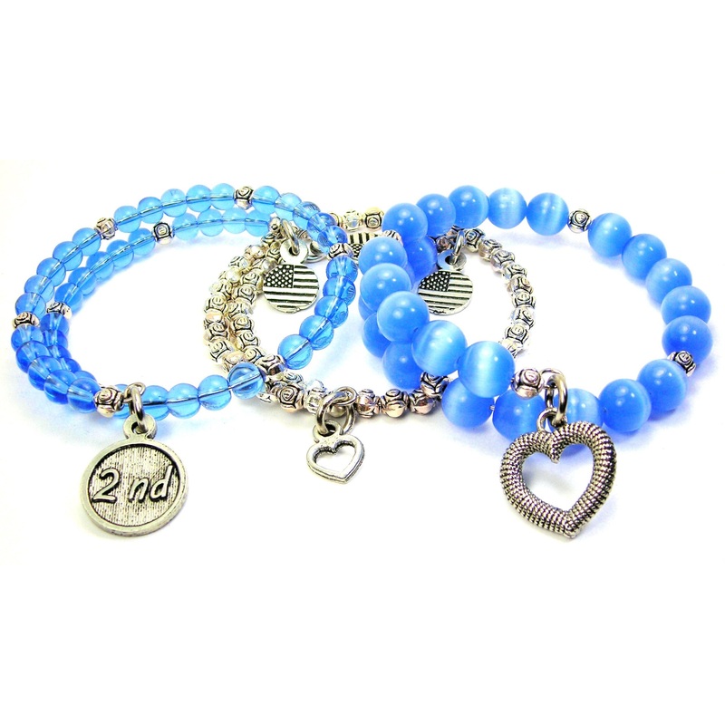 2nd Base 3 Piece Wrap Bracelet Set Cats Eye Glass And Pewter Aqua Blue